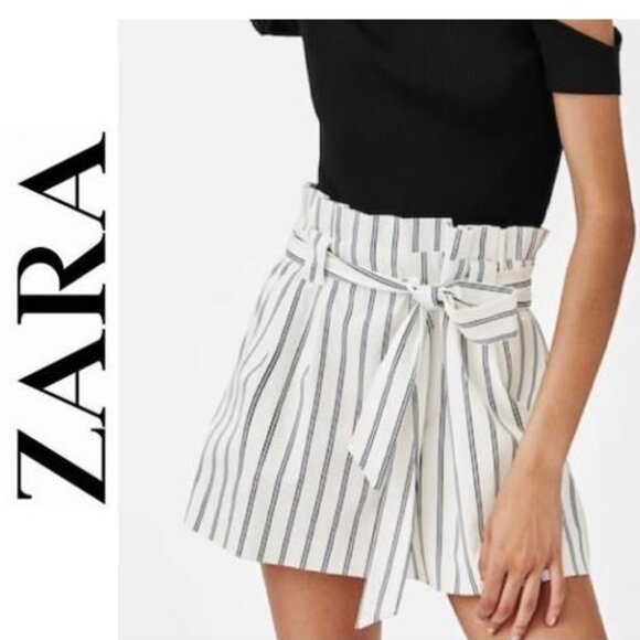 ZARA - High waisted white & navy striped shorts with front tie - Picture 1 of 10